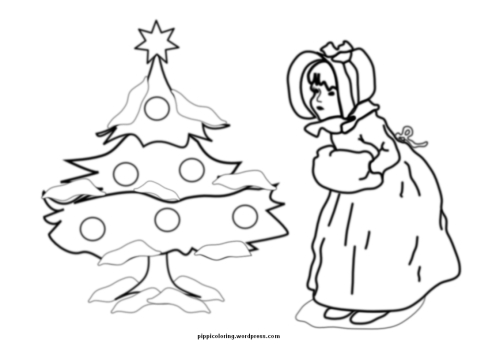 Little girl and Christmas tree coloring page